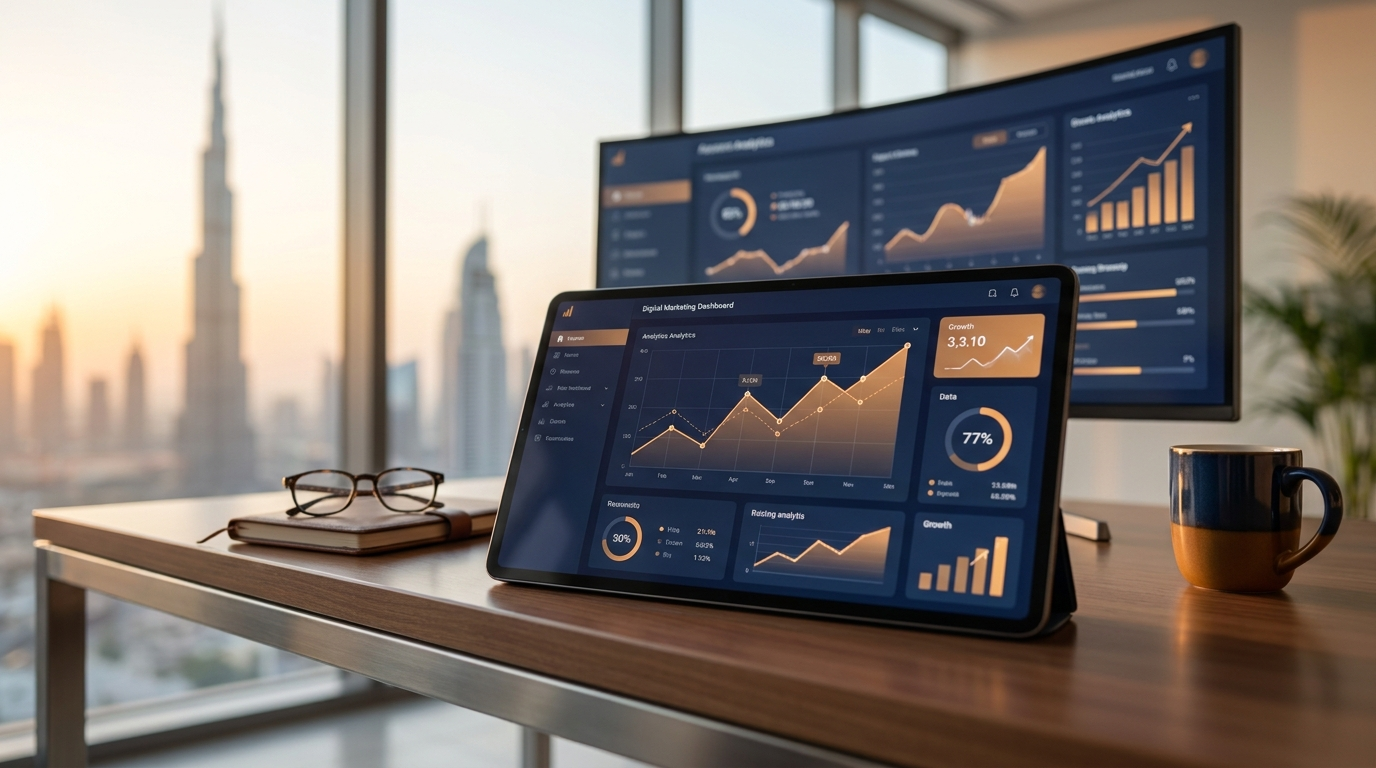 Digital marketing analytics dashboards with Dubai skyline