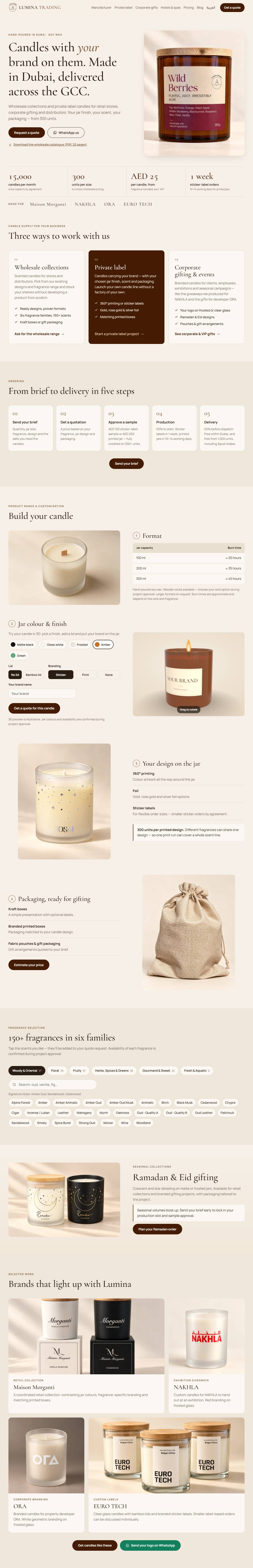 Lumina Trading homepage: offer, process, 3D configurator, fragrances, work, pricing and quote form