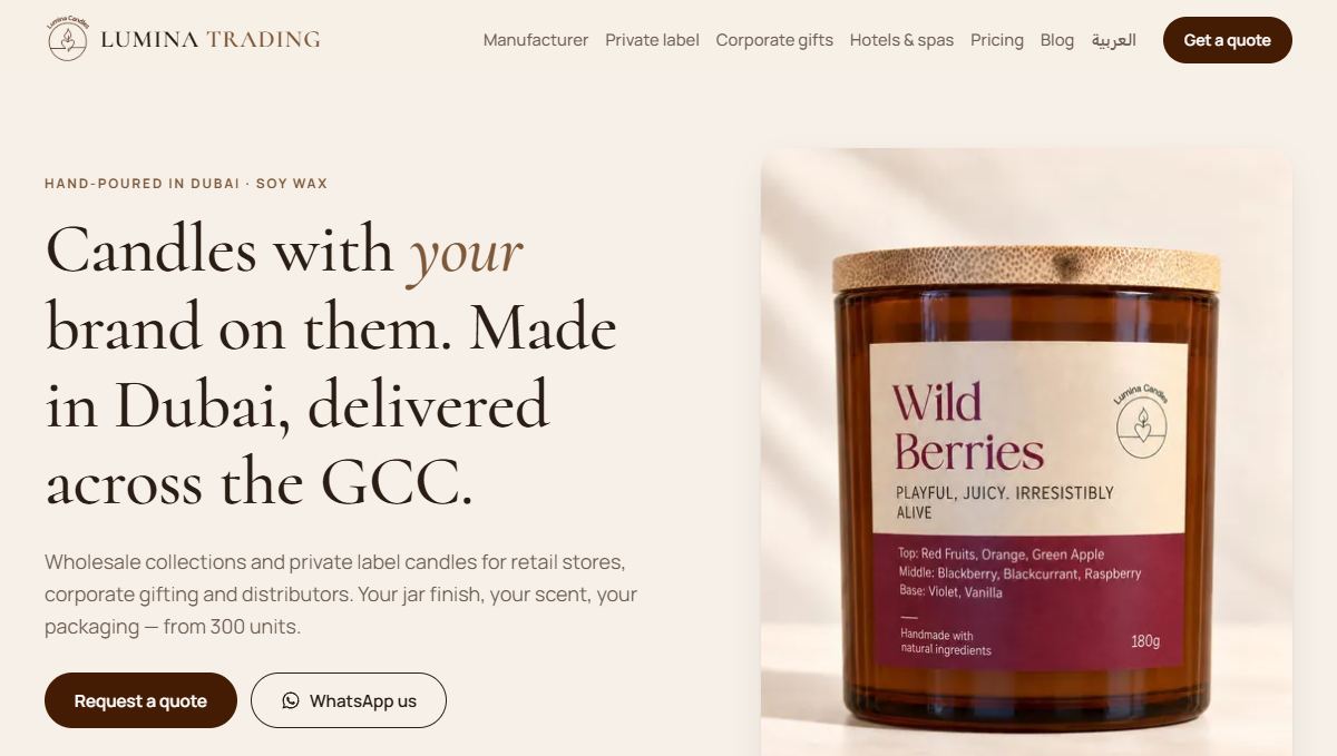 Lumina Trading homepage: candles with your brand, made in Dubai, delivered across the GCC